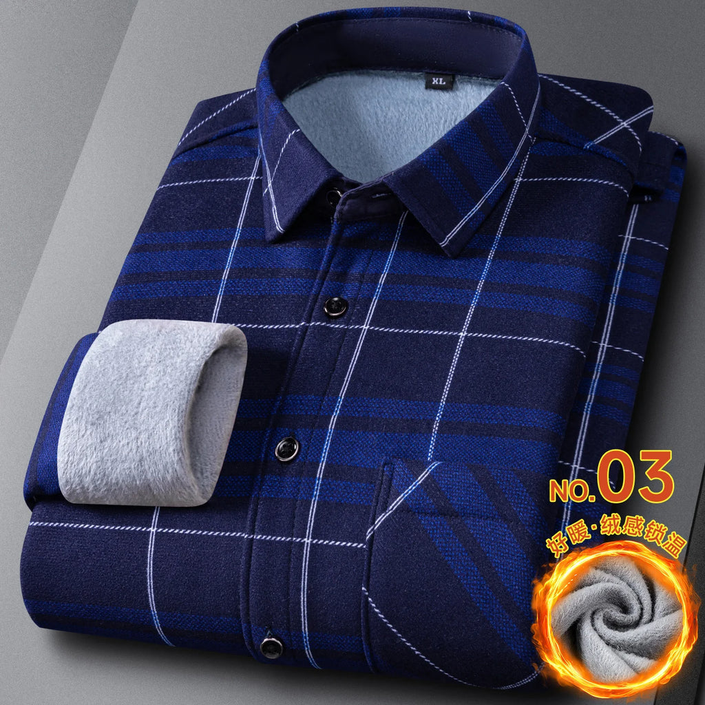 New In Tops Men's Thicken Flannel Fur Lined Shirts Autumn Winter Plus Sized Warm Long Sleeved Plaid Business Casual Slim Clothes