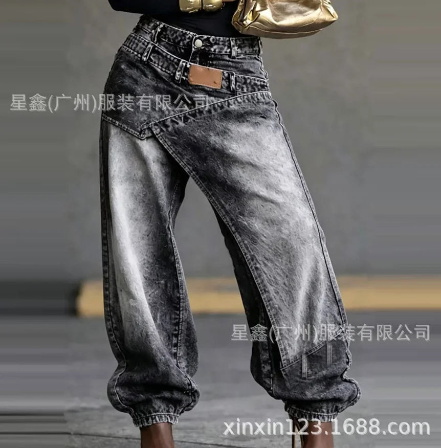 Vintage Washed Denim Jeans Women Y2K Faux Two Piece Design Jumpsuit Pants Overall