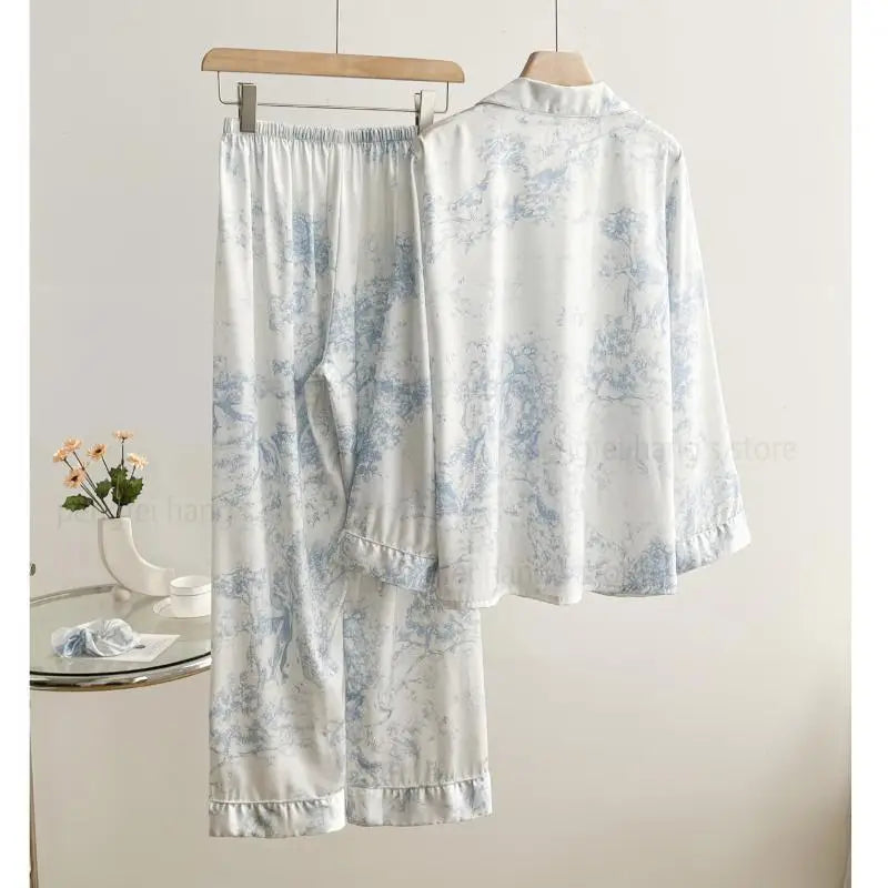 Women's Pajamas Sets Spring Autumn 2 Piece Print Leaves Pyjama Faux Silk Satin Sleepwear Long Sleeve Pijama Mujer Pjs Homewear