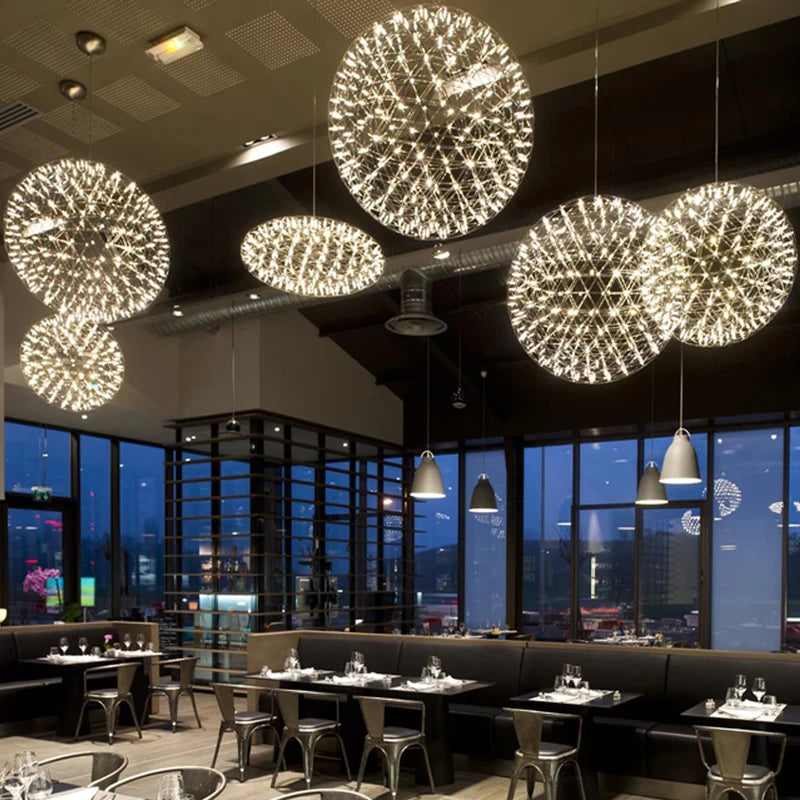 Modern Stainless Steel Spark Ball LED Pendant Light Dimmable Firework Dandelion Chandelier Loft Bar Bedroom Living Room Decor