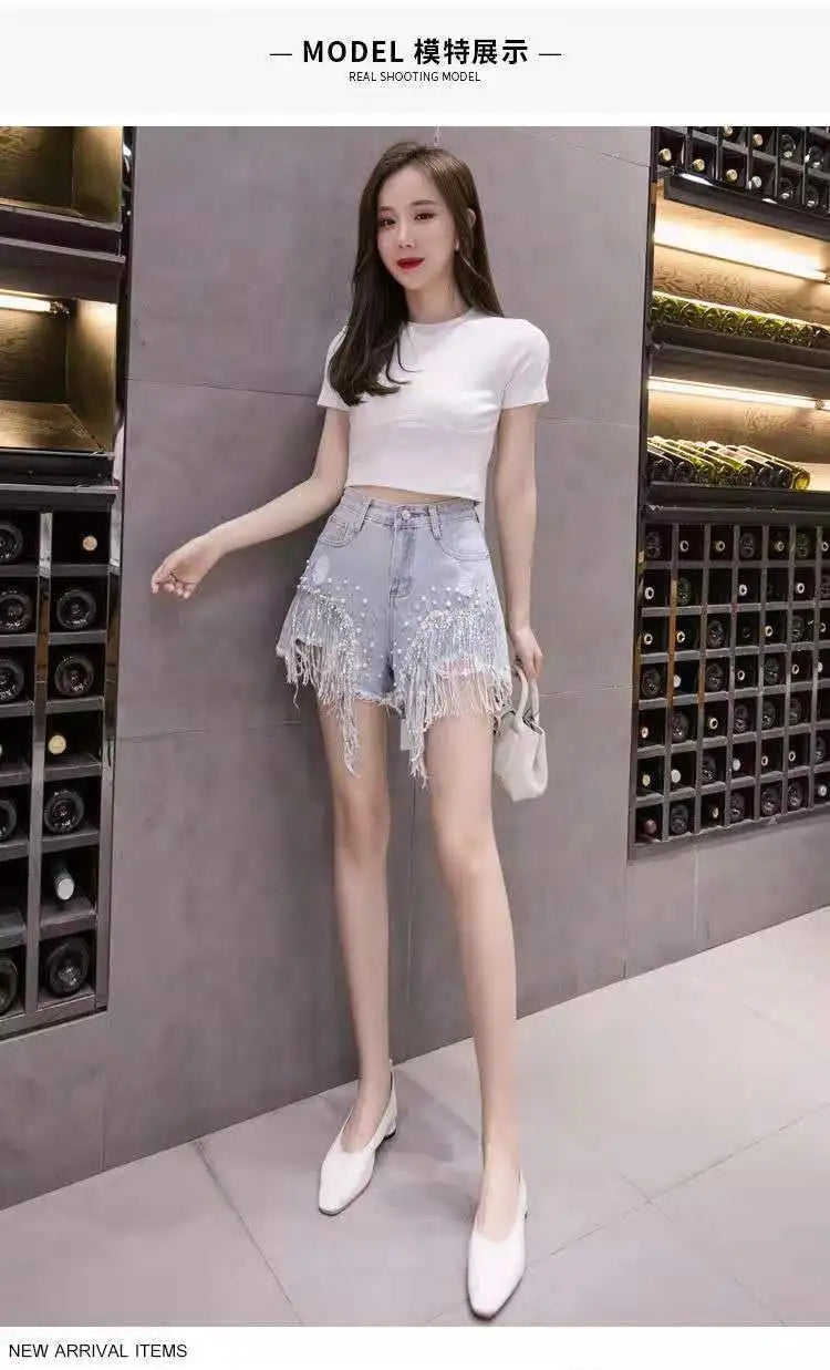 Women Luxurious Beading Tassel Sequins Denim Shorts 2026 Summer High-waist Loose-fitting Shorts Korean Style Ripped Denim Shorts