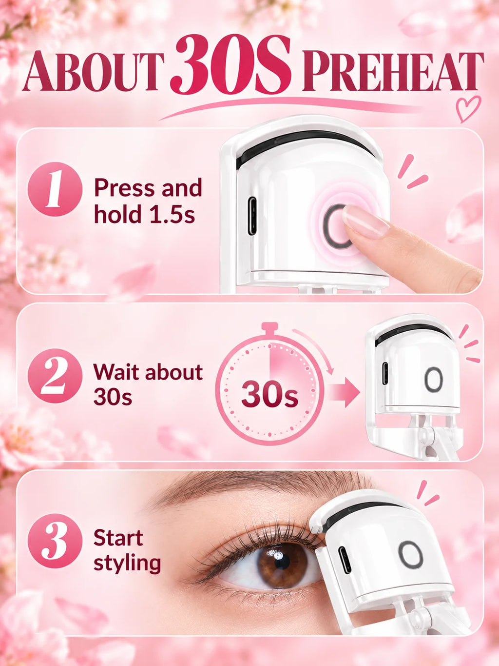 Electric Heated Eyelash Curler 2 Heat Modes Thermal Silicone Clamp Type-C Rechargeable Lash Curler 5-Min Auto Shut-Off Makeup To