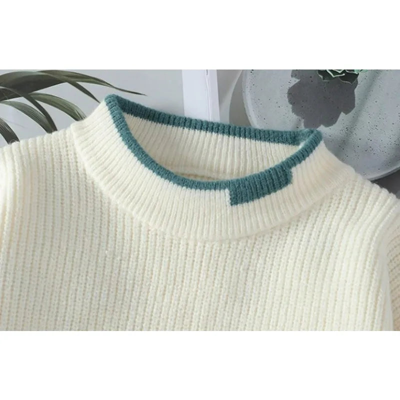 KIDWHXR 2026 Autumn Winter Men Sweaters Contrast Color Round Neck Male Knitted Tops Loose Long Sleeve Man Casual Pullovers
