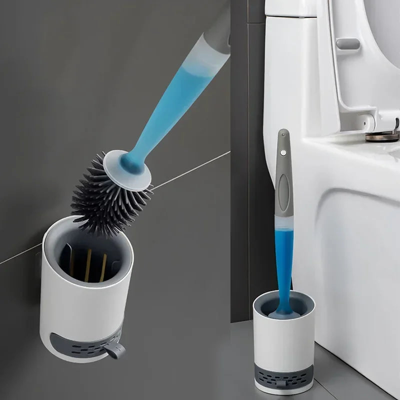 Wall Mounted Detergent Refillable Toilet Brush Set with Silicone TPR Brush Holder for Corner Cleaning Bathroom Tools