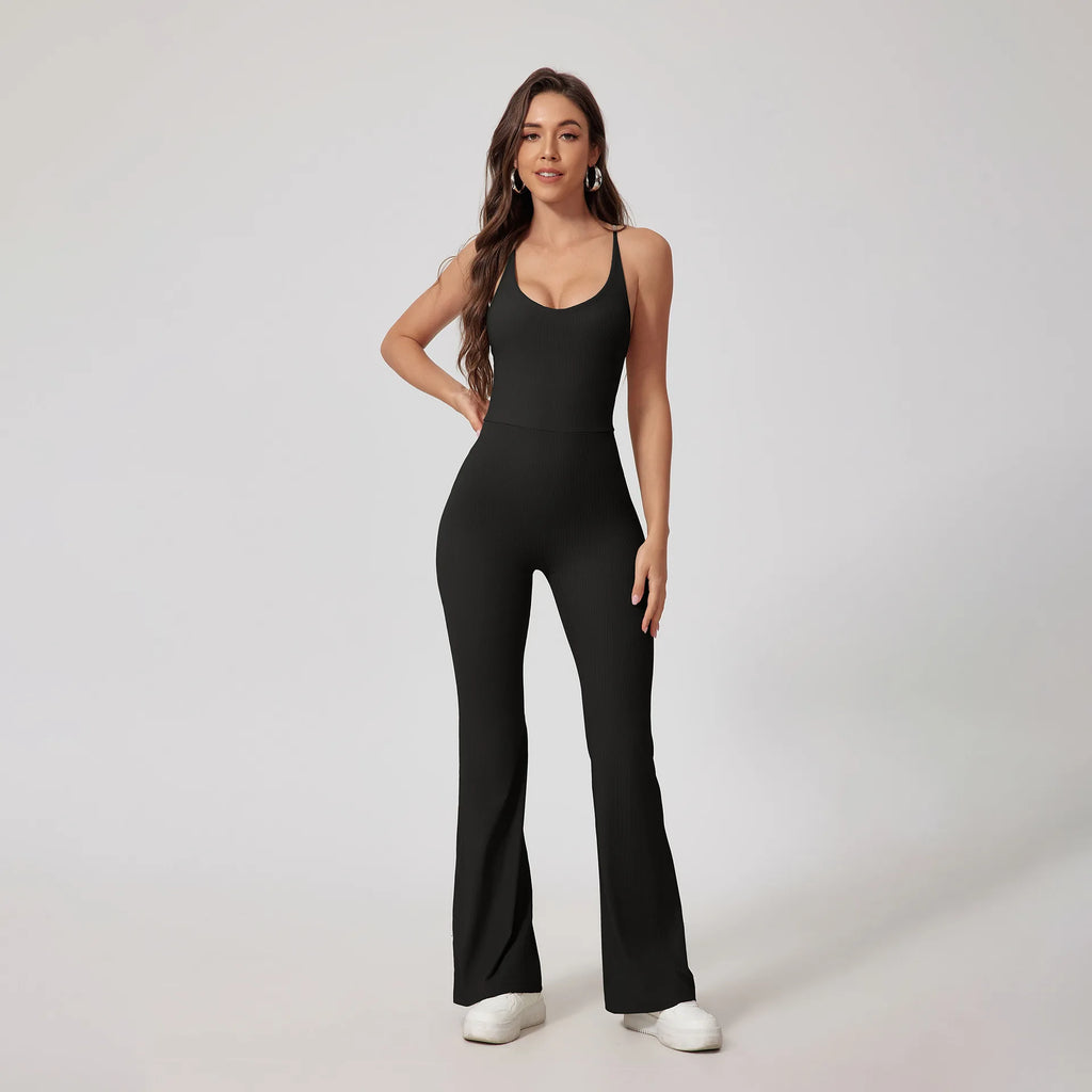 Women Thread Yoga Jumpsuit Sleeveless Gym Tracksuits Flared Overalls Workout Bodysuits Sportswear Female Sports One-Piece Outfit