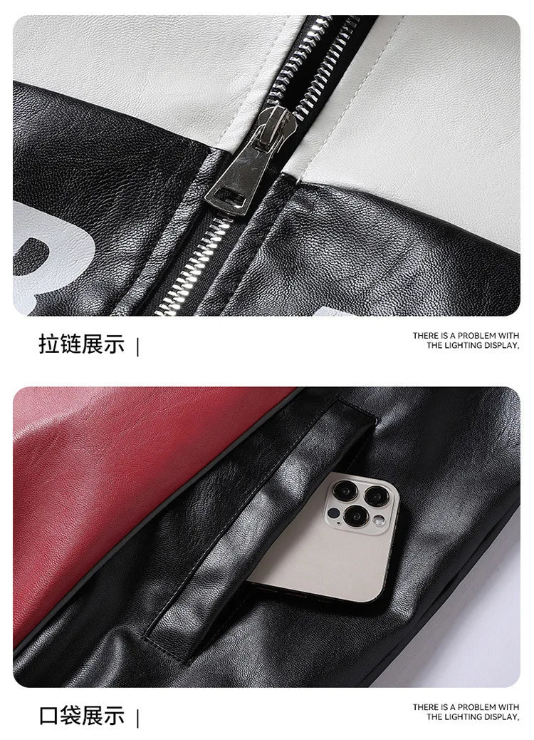 New Motorcycle PU Leather Bomber Jacket Japanese Loose Fashion Flight Jacket Large Size Men's Printed Faux Leather