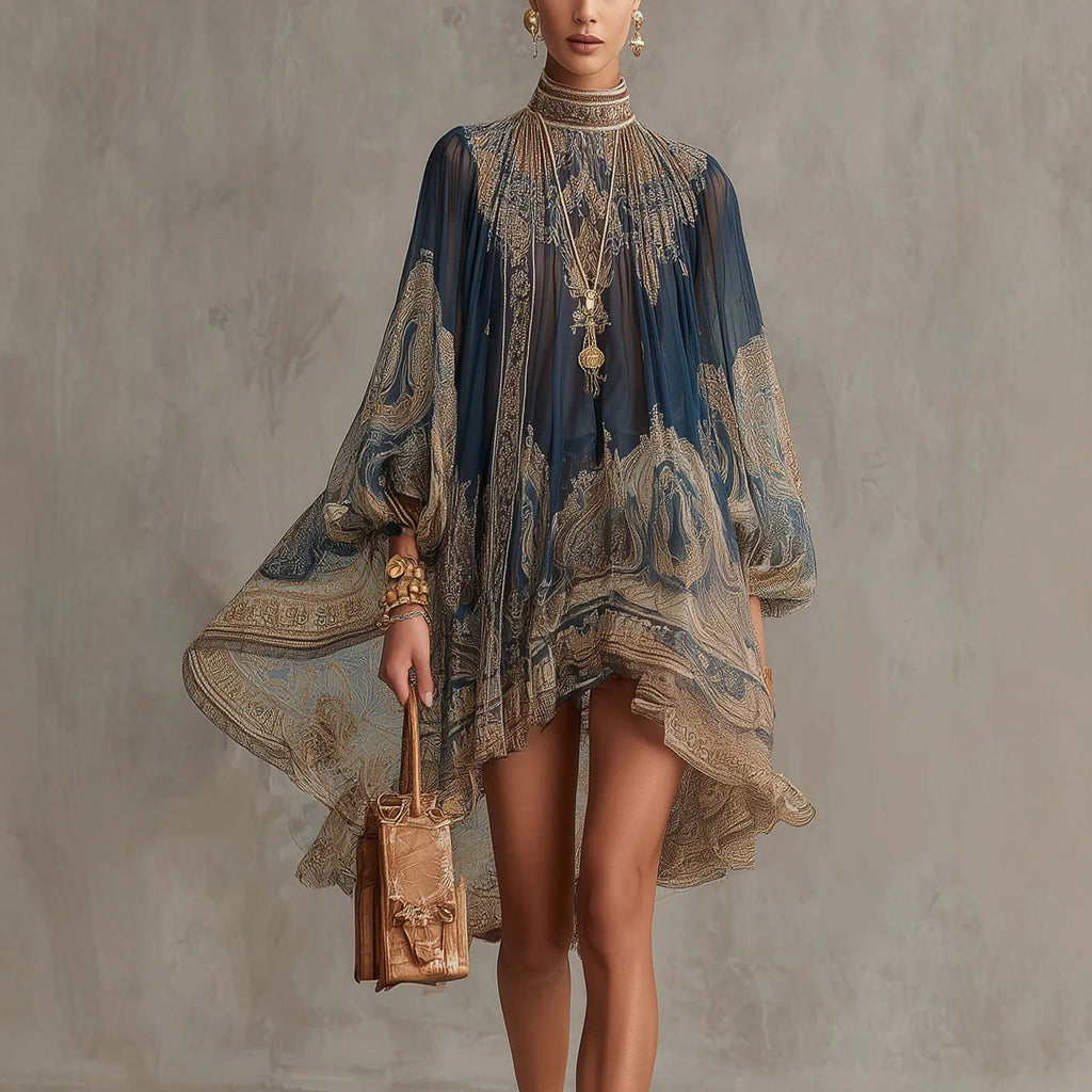 2026 New European and American Turtleneck Printed Chiffon Dress Loose Vacation Style Shawl Long-Sleeved Women's Dress