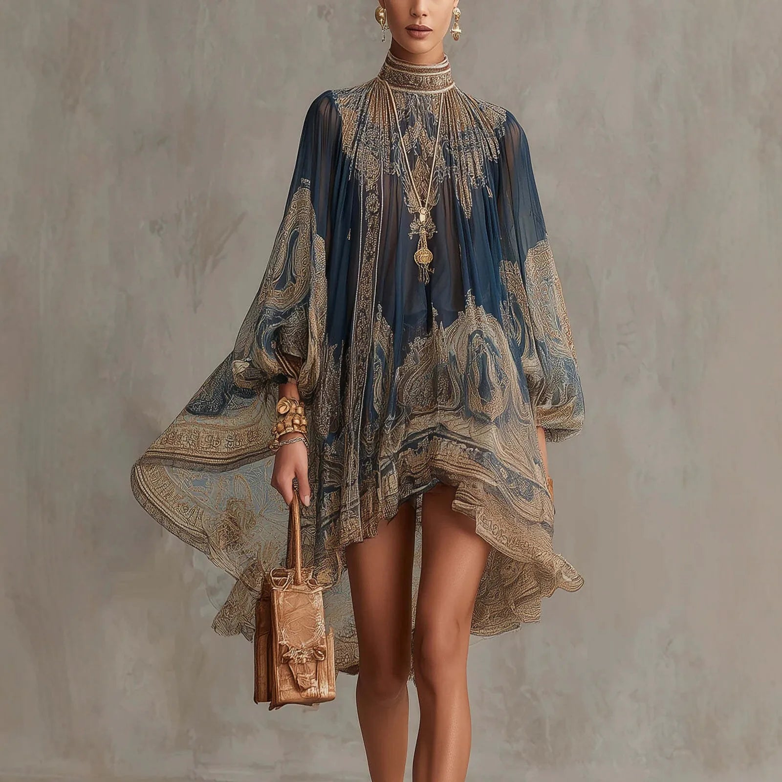 2026 New European and American Turtleneck Printed Chiffon Dress Loose Vacation Style Shawl Long-Sleeved Women's Dress