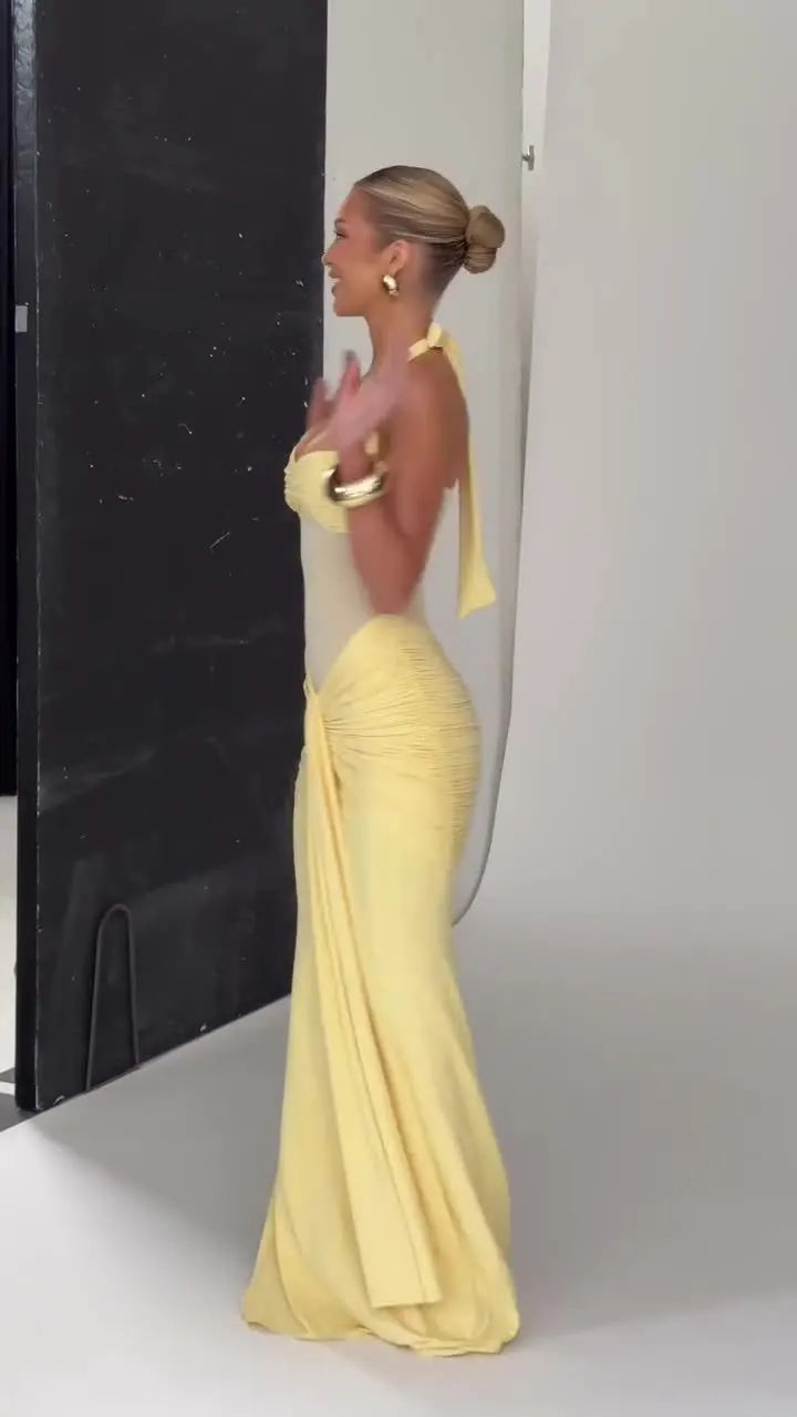 Suninheart Draped Maxi Evening Dress Women Elegant Halter Prom Dresses Wine Formal Occasions Backless Dress Sexy