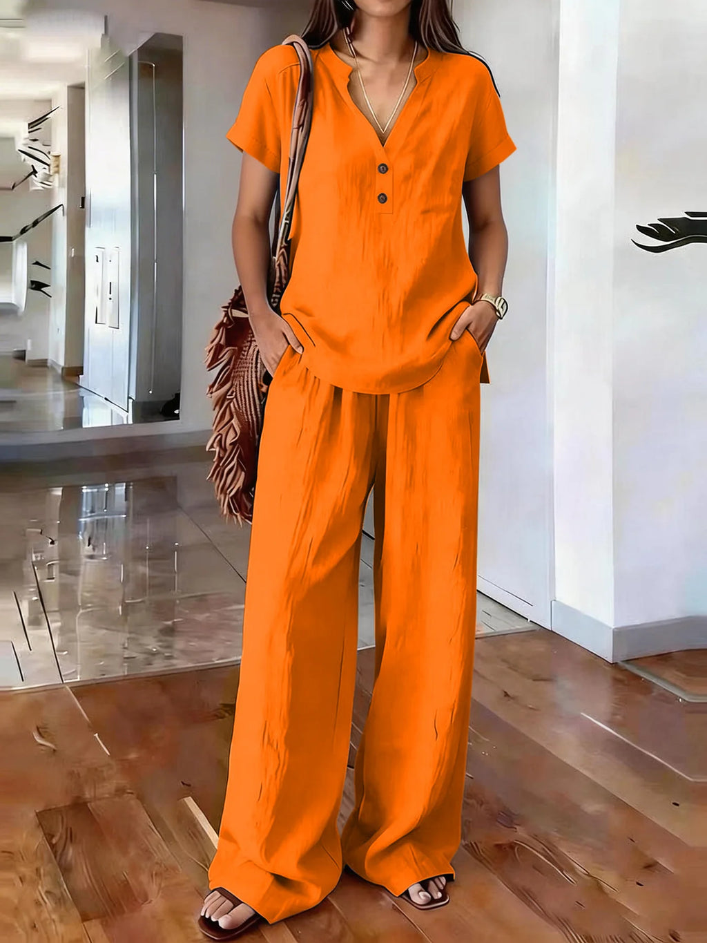 Solid Color Casual Loose Pants Sets For Women 2026 Elegant Summer Women's Two Pieces Suit Full Trouser Set Female Outfit Clothes