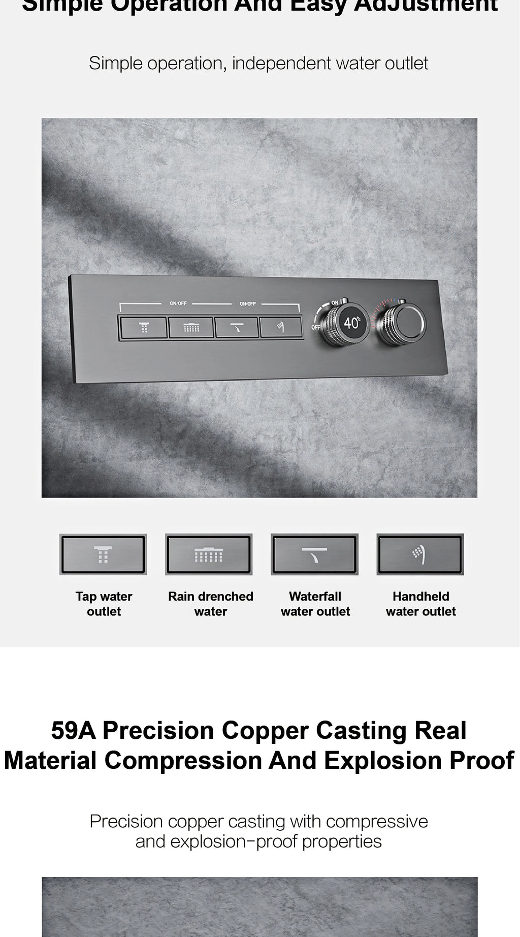 Luxury Gun Grey Brass Thermostatic Shower System Ceiling-Embedded Rainfall&Waterfall Outlet with LED Display Bathroom Mixer Tap
