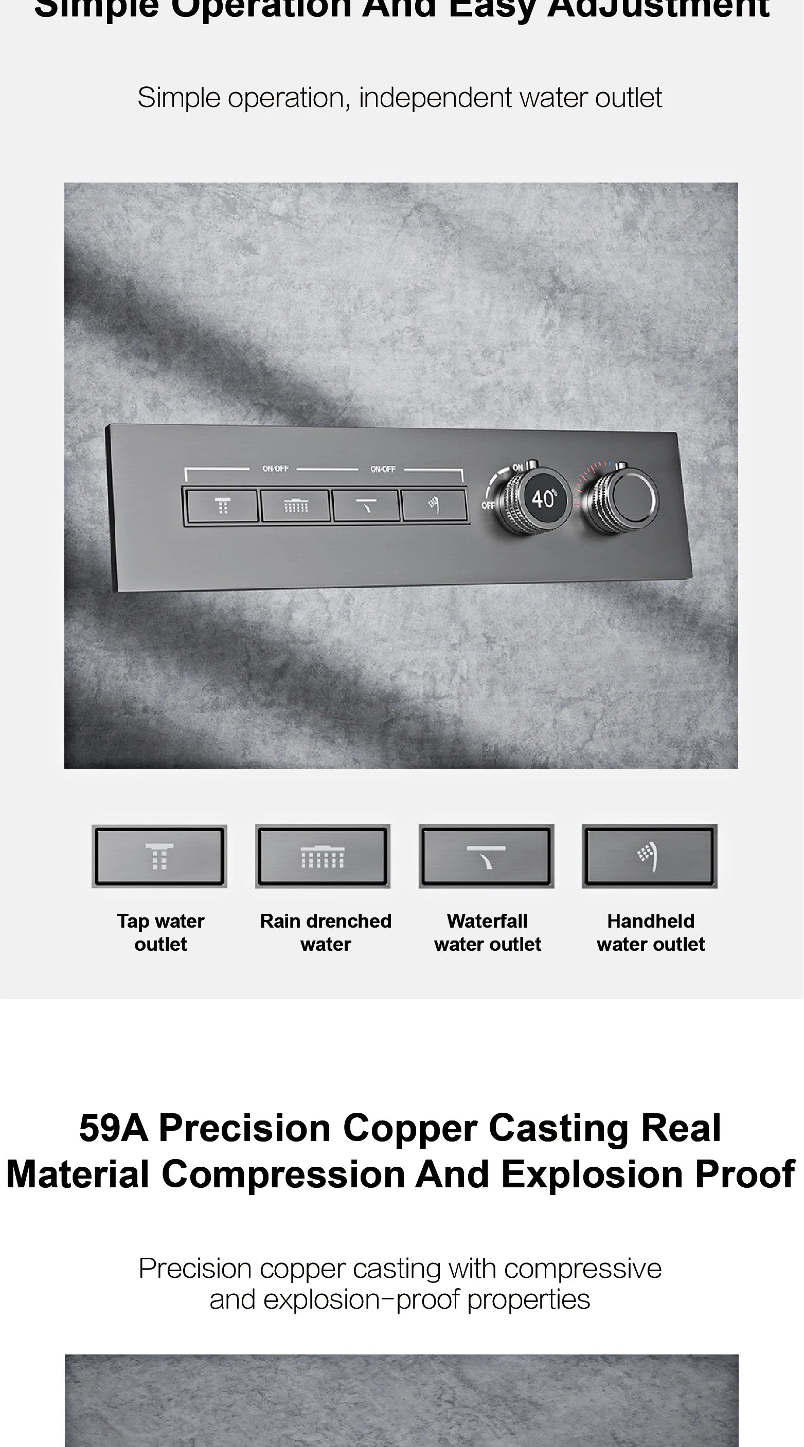 Luxury Gun Grey Brass Thermostatic Shower System Ceiling-Embedded Rainfall&Waterfall Outlet with LED Display Bathroom Mixer Tap
