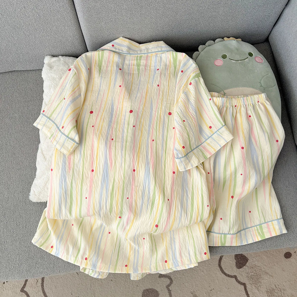 Summer 2026 New Short-Sleeved Shorts Pajamas Women's Cartoon Cute Girl Cardigan Set Ladies Sleepwear Breathable Homewear