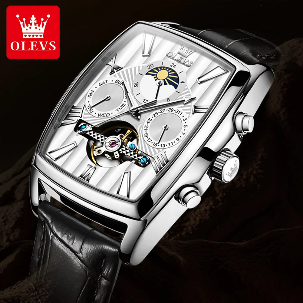 OLEVS 6675 Mens Watch Flywheel Multifunctional Chronograph Mechanical Watch Leather Strap Square Watches For Man High Quality