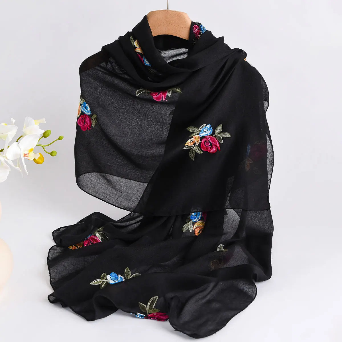Spring and Summer Lightweight Breathable Cotton and Linen Embroidery Scarf Ethnic Style Fashionable Soft Women's Sunscreen Scarf