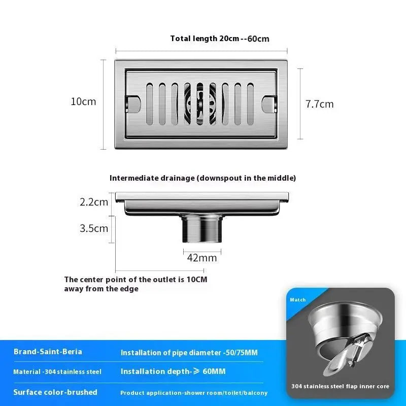 20/30/40/50/60cm Stainless Steel Shower Floor Drain Bathroom Rectangle Linear Floor Drainage Floor Drain with Strainer Covern