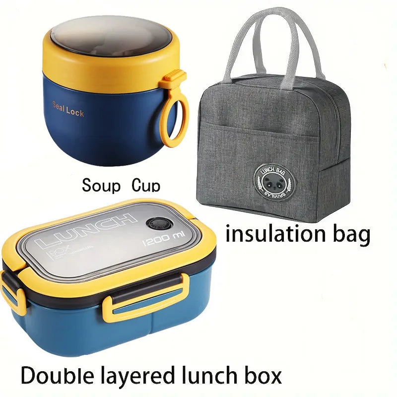 Portable Double-Layer Lunch Box with Fork And Spoon Compartment Food Container Microwave Safe for Picnics And Freshness Preserva