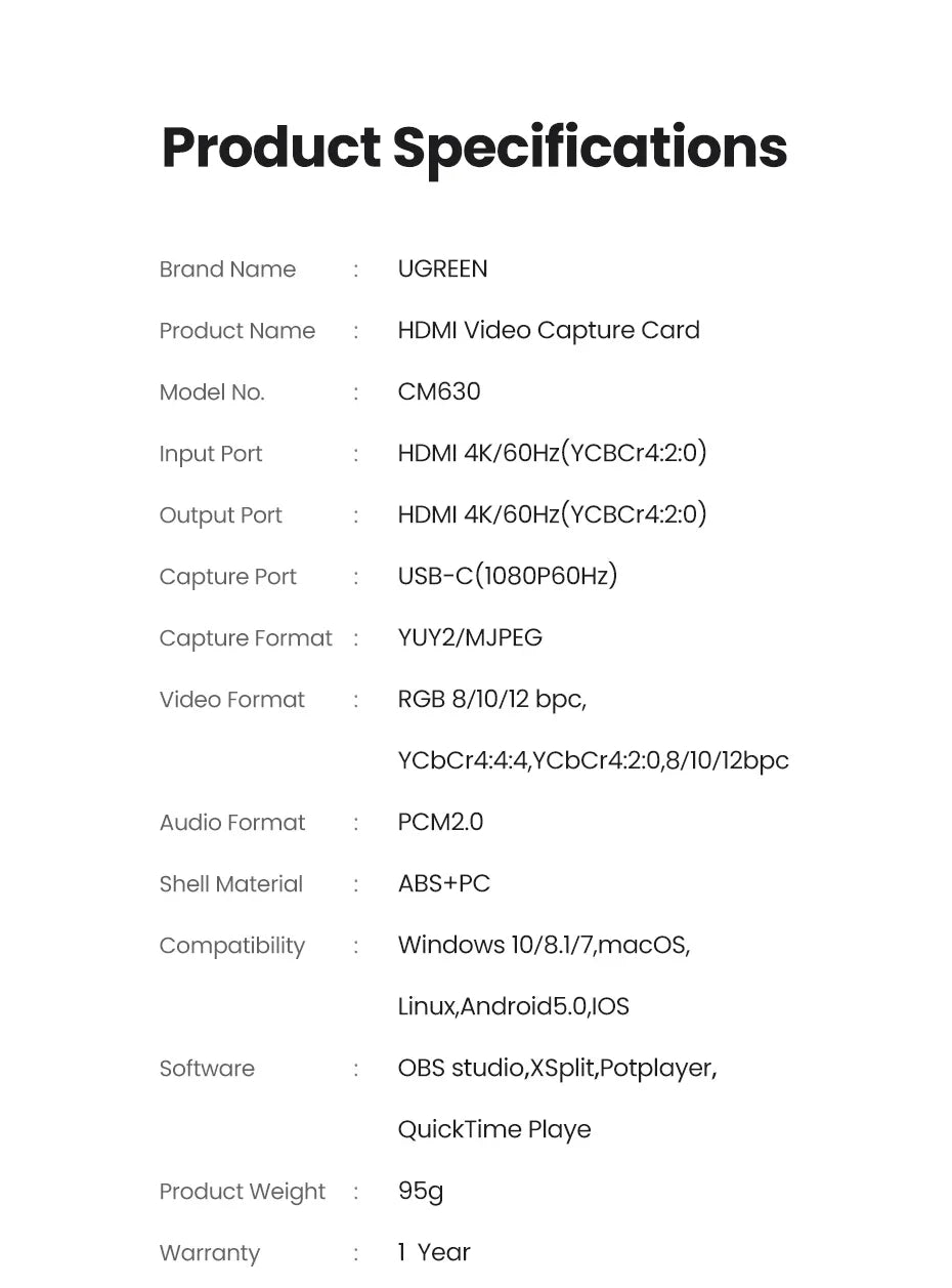 UGREEN CM630 Video Capture Card 4K/60Hz HDMI To USB-C HDMI Video Grabber Box for PC Computer Camera Live Stream Record Meeting