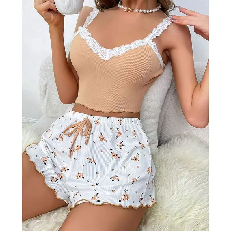 2026 Women Sexy Lace Vest Shorts Pajamas Women's Slim Fit Two-piece Home Outfit Summer Low Rise Casual Print Short Pants Top Set