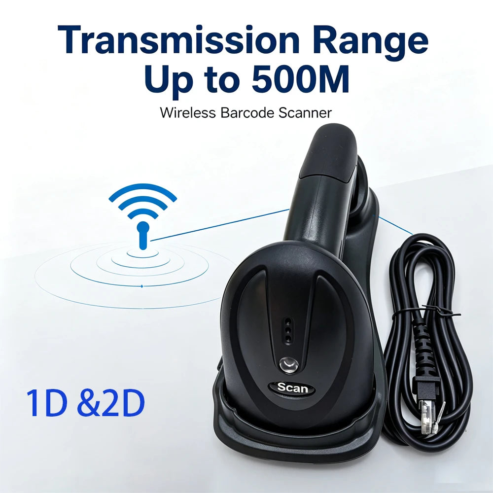 Wireless Barcode Scanner 1D 2D QR Reader with Charging Base High Speed Scanning Stable Connection for Store Warehouse Logistics