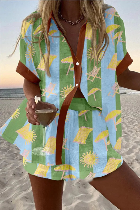 Fashion Print Beach Holiday 2 Piece Set Women Summer Short Sleeve Shirt Top Wide Legs Shorts Women's Oversize Two Piece Outfit