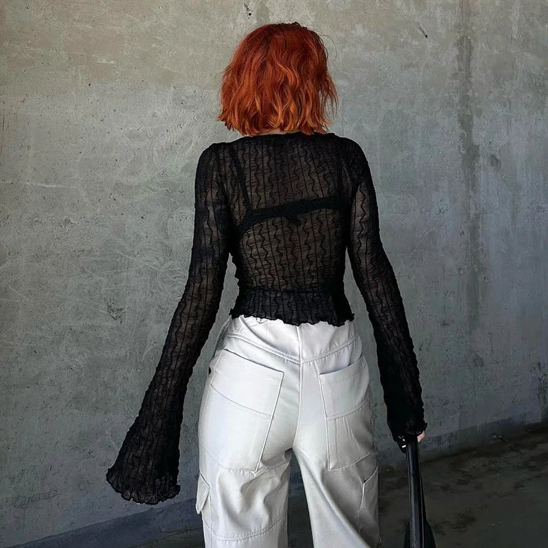 Gothic Lace Up Sexy Blouses Grunge Y2k Fairycore Long Sleeve T-shirts Female Transprent Skinny Fashion Tops