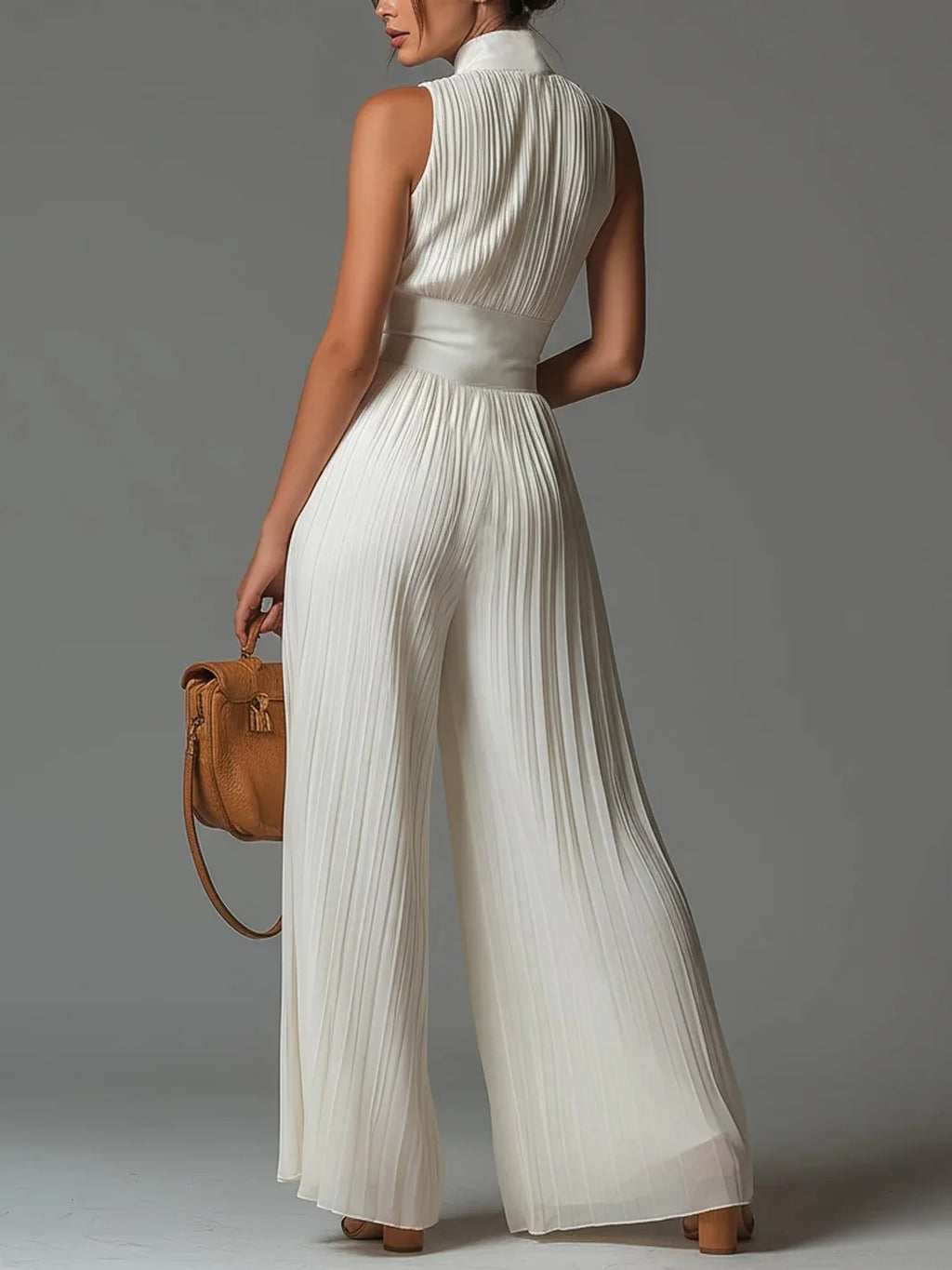 White Pleated Neck Women's Jumpsuit Long Wide Leg Fashionable Sexy Pleated