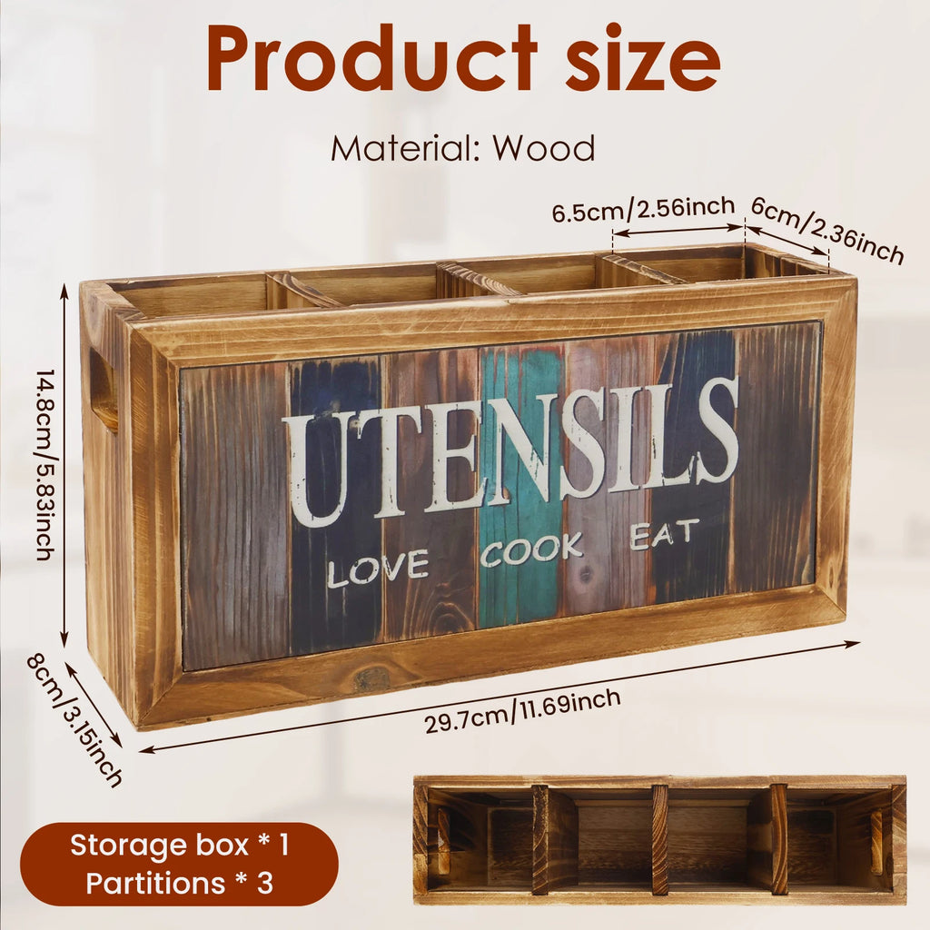 4 Compartments Countertop Utensil Holder Wood Kitchen Storage Box Spatula Chopsticks Spoon Fork Storage Holder Cutlery Organizer
