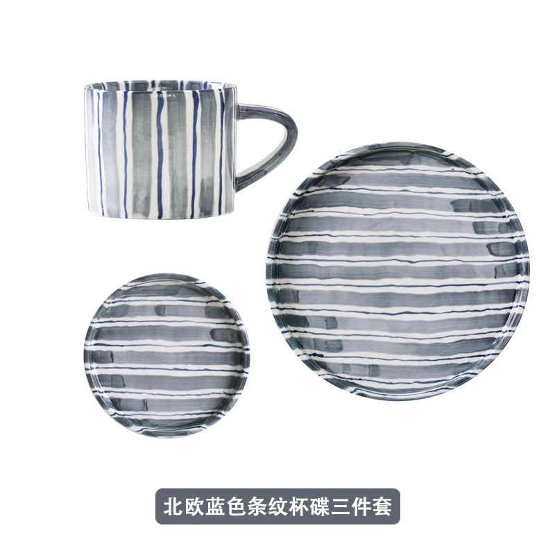 European Striped Ceramic Coffee Cup Saucer Modern Breakfast Dessert Plate Tea Cup Decorative Art Striped Coffee Cup 200 Ml Decor