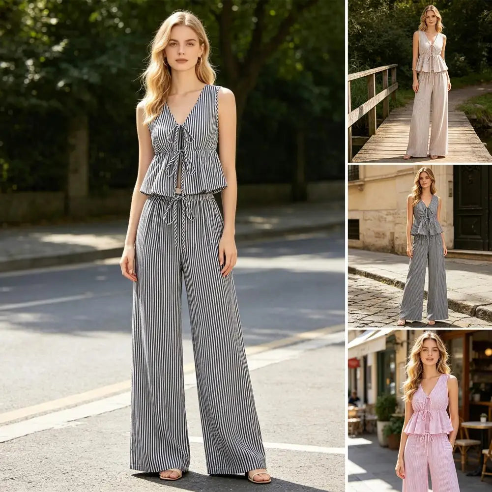 Women's Summer Striped Lace-up 2 Piece Outfits Tie Front Ruffle Lightweight Sleeveless Tank Top and Wide Leg Pants Lounge Sets