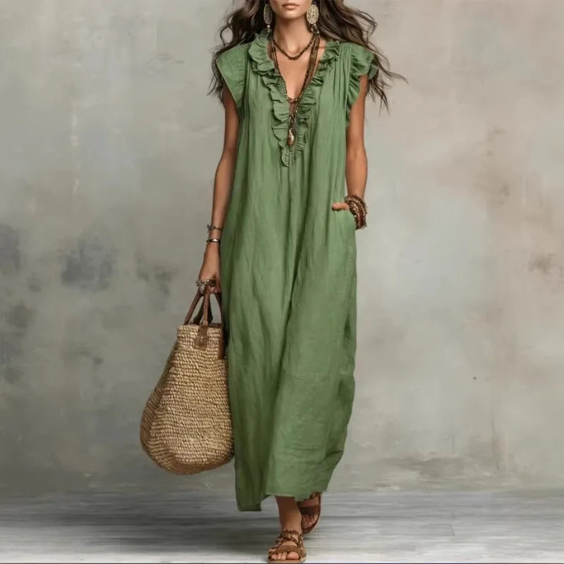 Women Spring Summer Boho Flutter Sleeve Floor Length Maxi Dress Elegant Beach Long Dress