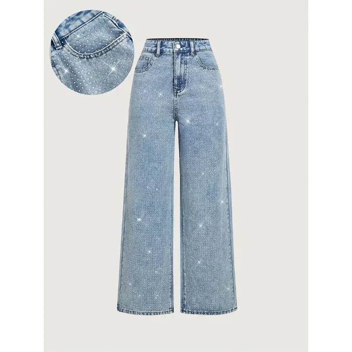 Women Diamonds Spliced Jeans Elegant Casual Midi Waist Denim Pants Solid Pockets Button Pant Washed Slight Strech Autumn Winter