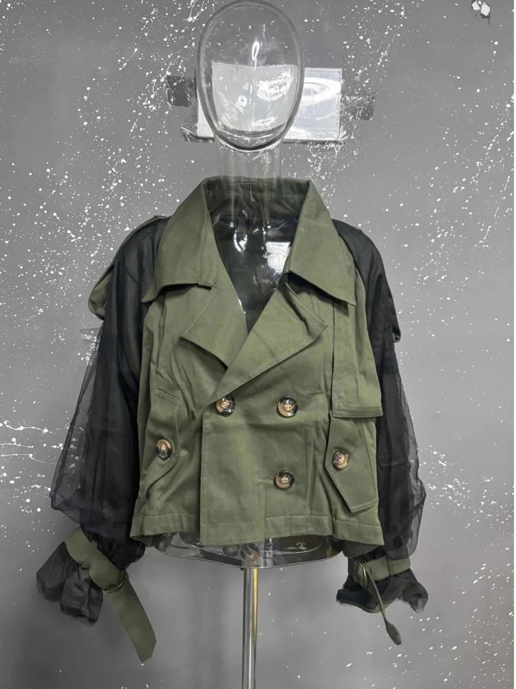 EAM Japanese Style Turn-Down Collar Double Breasted High-Low Hem Cropped Trench Coat Women's Jacket 2026 Autumn New