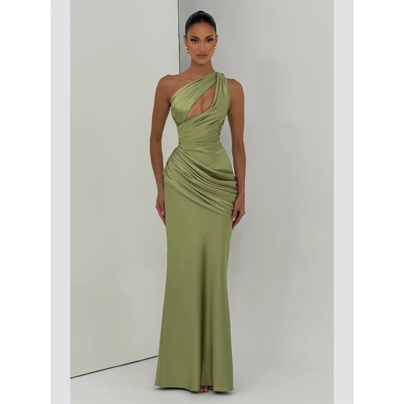 Solid Satin Cowl Neck Women's Dress Elegant Sleeveless Ruched Waist Fishtail Bodycon Lady Vestido 2026 Summer Party Dresses