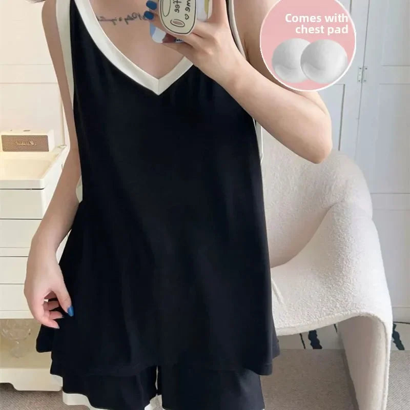 Women Sleeveless Summer Casual 2/pce Set Girls Spaghetti Strap Vest Shorts Outfit Lady Color Blocked Bra Pad Fashion Loungewear