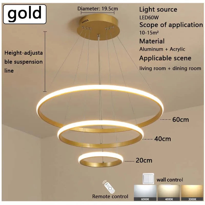 Modern simple LED living room lights light luxury Scandinavian round dining room bedroom bar chandelier creative circle light