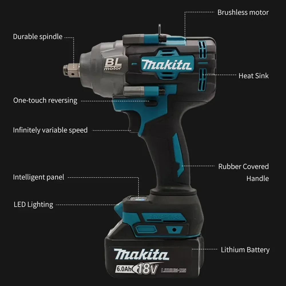 Makita 2000Nm Brushless Impact Wrench, High Torque, 1/2" Drive, Professional Automotive Tire Repair Tool,Racing repair tool