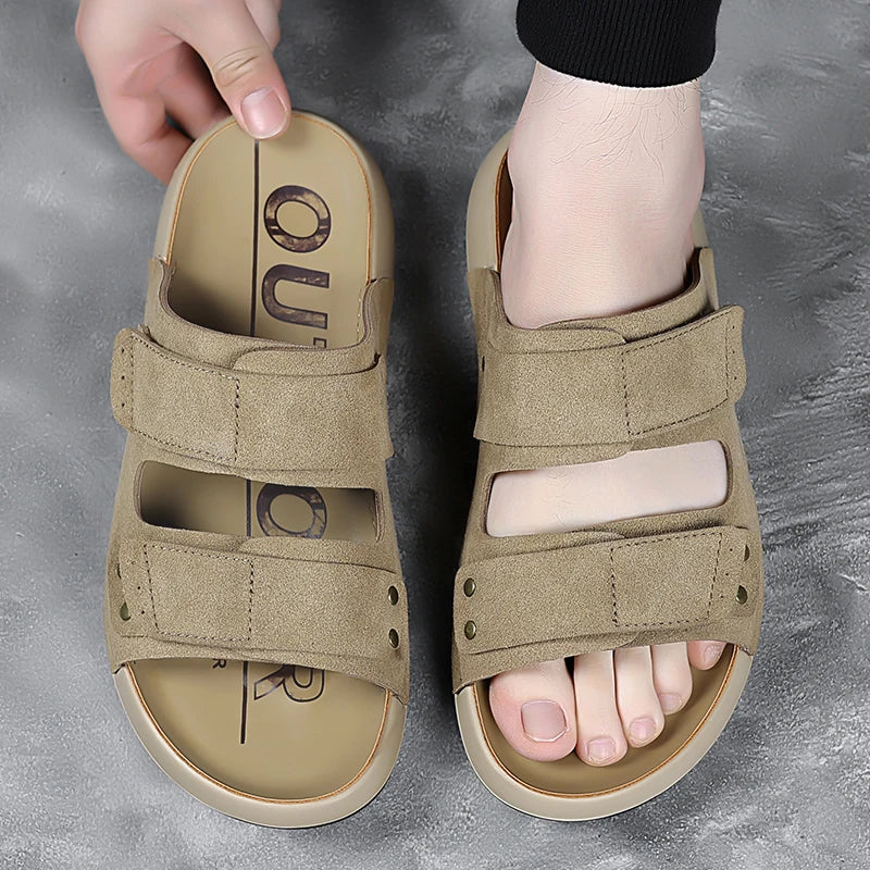 Men Sandals Canvas Luxury Pu Leather Men's Beach Sandal Footwear 2026 Autumn Male Casual Shoes Comfort Anti Slip Outsole Adult 7