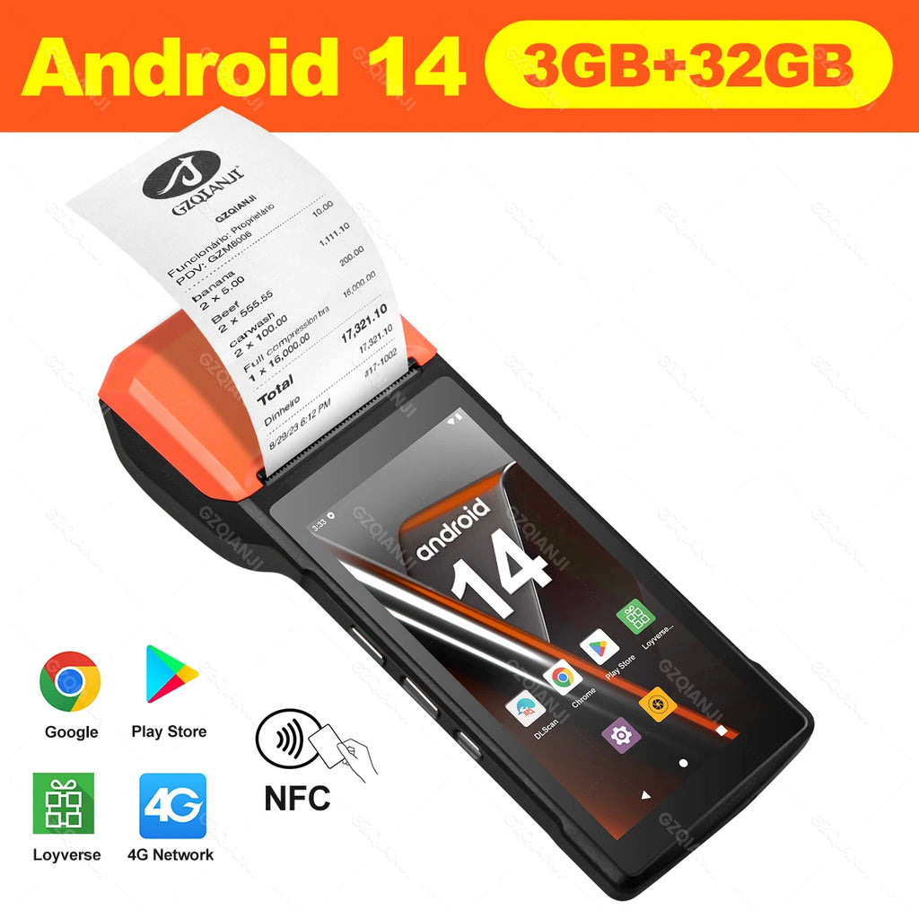 4G Android 14 Upgrade POS Terminal with NFC Handheld Thermal 58mm POS Printer 1D 2D Barcode Scanner All in One for Business