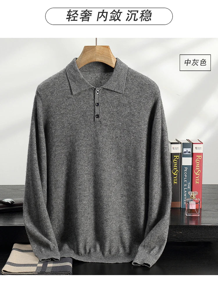 Autumn/Winter Men's 100% Cashmere Pullover Business Casual Solid Knitted Sweater Loose POLO Collar Tops Basic Thick Warm Jumper