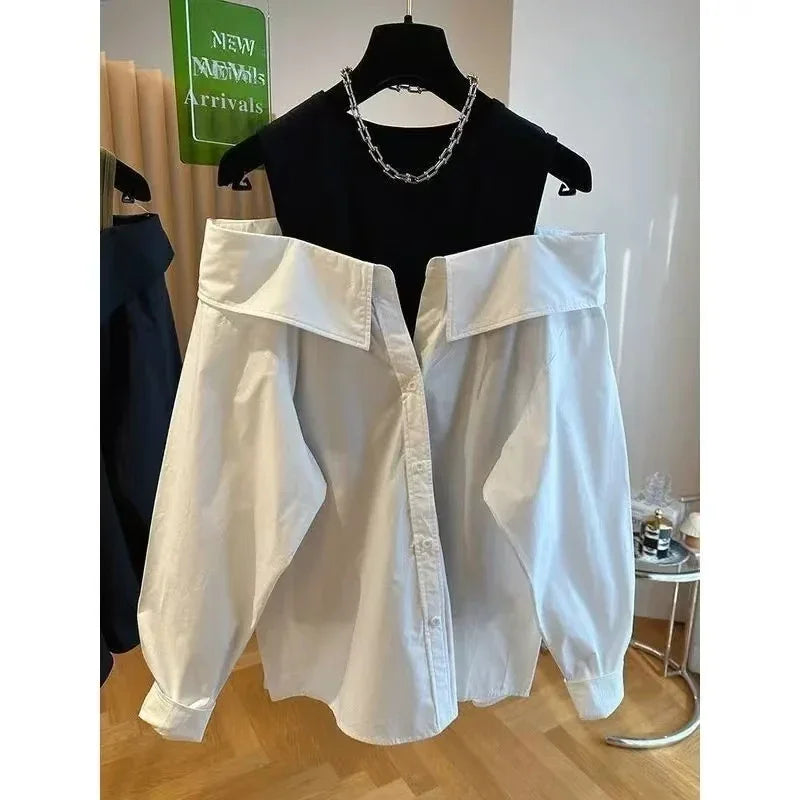 False Two Piece Polo Collar Blouse Women Shirt Loose Tank Patchwork Long Sleeve Shirts Off The Shoulder Spring Pullovers Top New