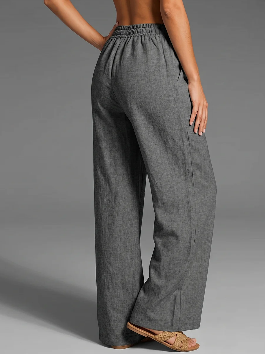 Women's Wide Leg Pants Elastic Waist Drawstring Casual Loose Trousers Summer Solid Color Pockets Comfortable Soft Beach Pants