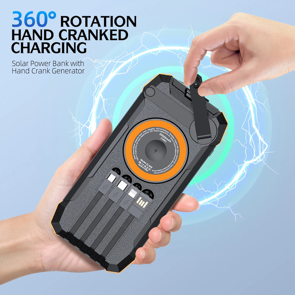 100000mAh Solar Power Bank Fast Wireless Charger Built-in Cable Hand Crank Portable External Battery Poverbank for iPhone