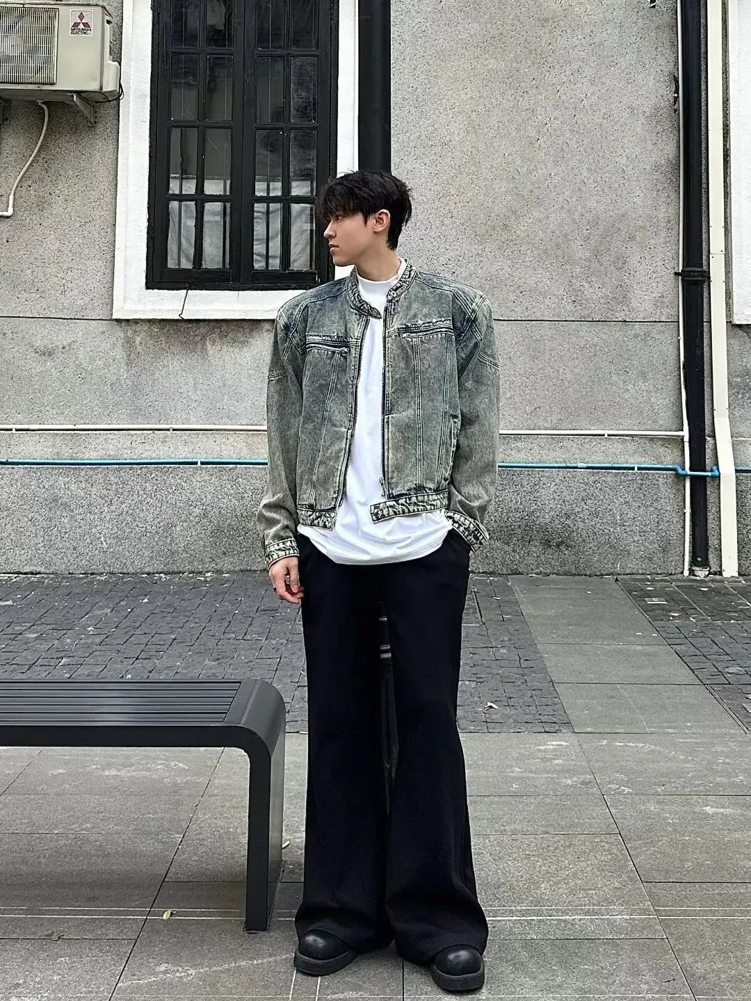 American Vintage Washed Cropped Denim Jacket, Metal Collarless Jacket For Men
