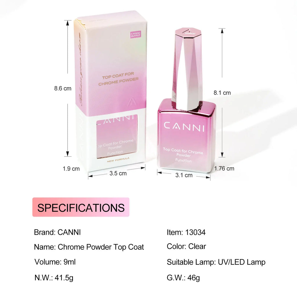 CANNI Top Coat for Chrome Powder 9ml Easy Apply with Stronger Mirror Effect Mirror Metallic Pigment for Gel Nail Art Salon