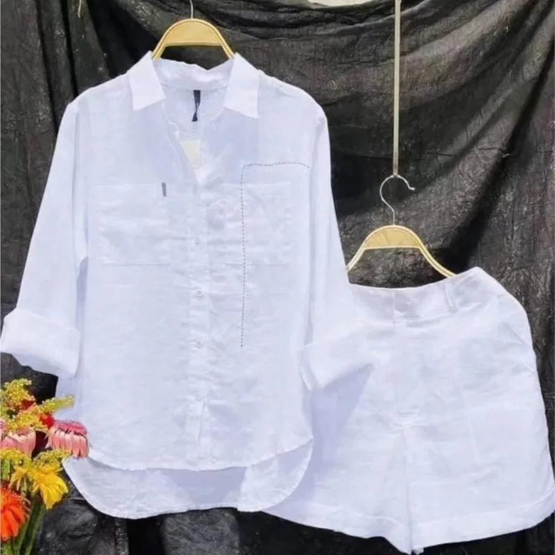2024 Summer Cotton Linen Casual Home 2 Piece Set For Women Fashion White Long Sleeve Shirt And Shorts Two Piece Sets Tracksuit