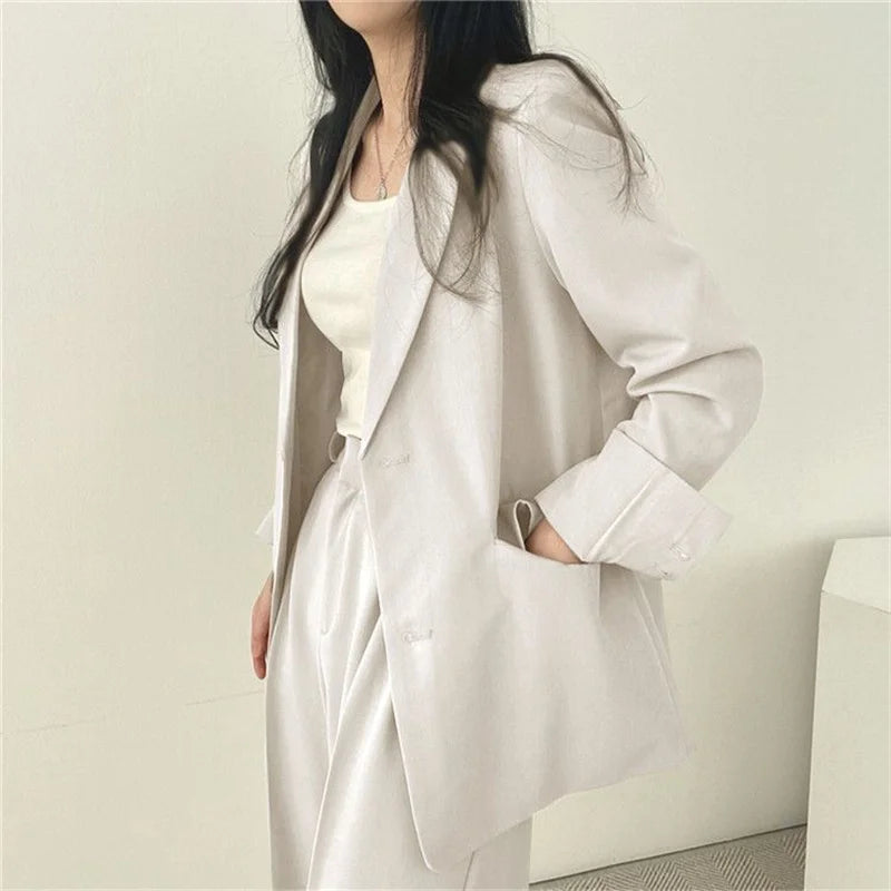 2026 Female Solid Color Blazer 2PCS Autumn Women Lapel Tops High Waist Outfit Korean Ladies Long Sleeves Suit Wide Leg Pants