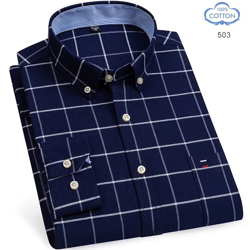 100% Pure Cotton Oxford Shirts for Men Long Sleeve  Plaid Shirt Striped Male Shirt BusinessTartan  Red Shirt Men Designer Shirts
