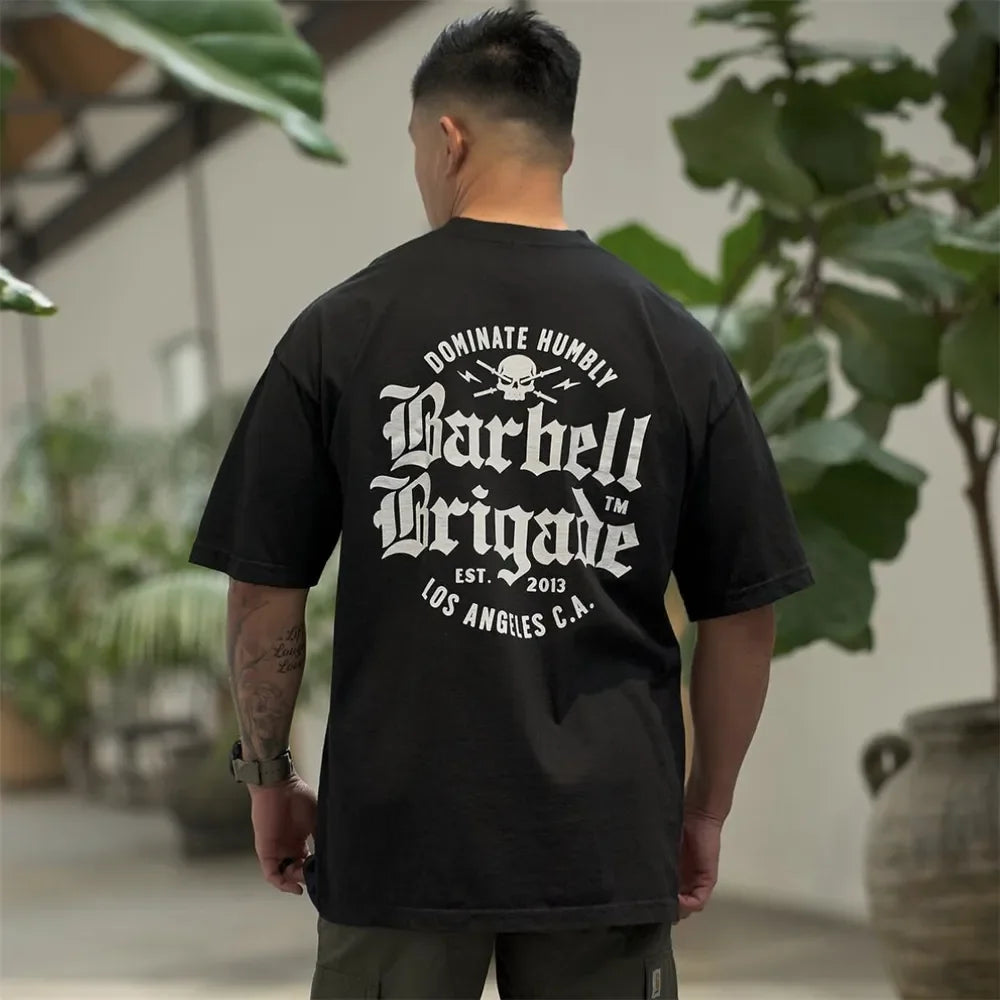 Clearance Sale BARBELL Men Running Sport Cotton T-shirt Gym Fitness Skull Print Shirt Summer Jogging Training Tee Tops