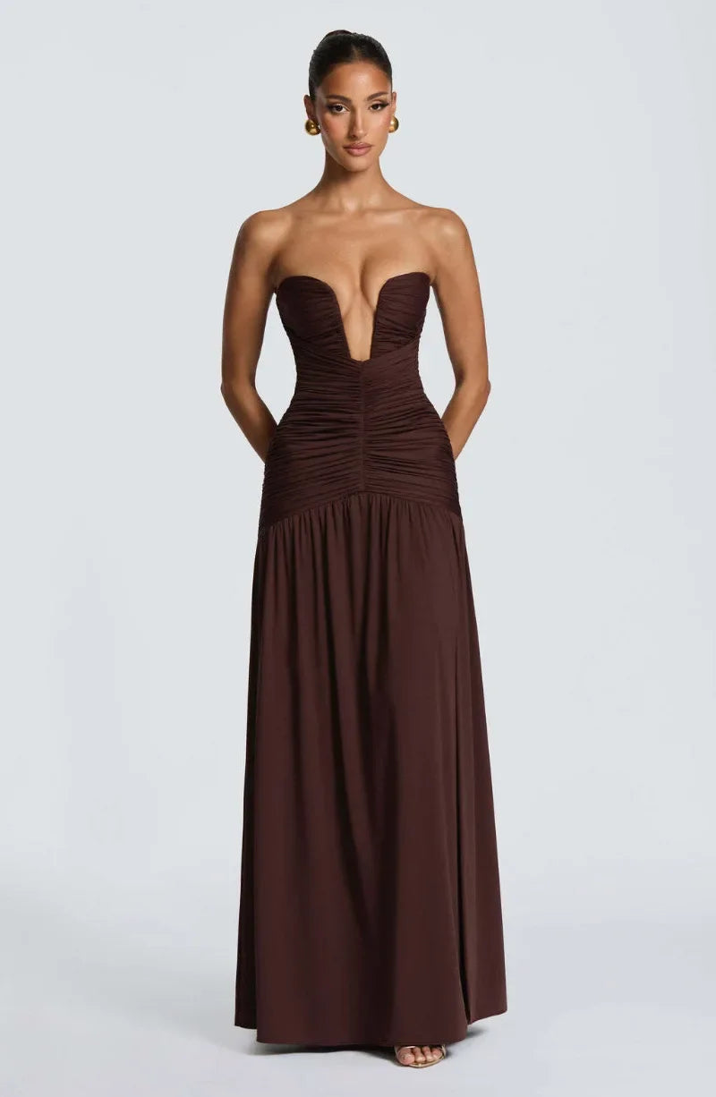 Women Elegant Deep V-neck Pleated Strapless Dress Chic Off-shoulder Backless Split Maxi Dresses 2026 Lady Evening Party Vestidos